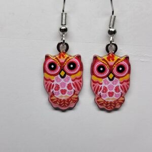 Vibrant Pink and Yellow Owl Earrings